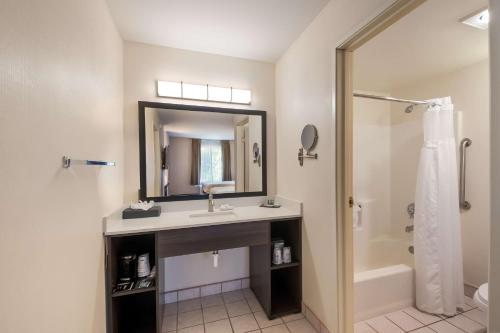 a bathroom with a sink and a mirror and a tub at SureStay Plus Hotel by Best Western SeaTac Airport in SeaTac