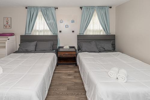 安娜堡的住宿－Centrally Located Luxury House，卧室内的两张床,配有蓝色窗帘