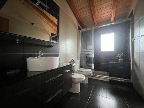 a bathroom with a toilet and a sink and a window at CASA VISTA SIERRA in Jaraiz de la Vera