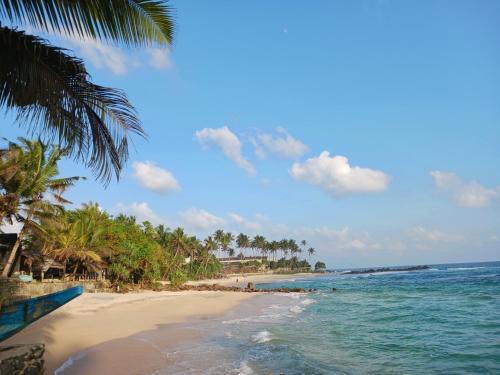 a beach with palm trees and the ocean at SEASHORE Resort & Villa in Talpe