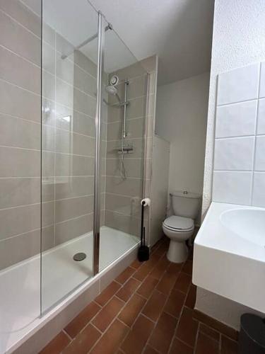 une salle de bain avec douche et toilettes dans l'établissement Appartement T2 vue mer, piscine et stationnement., à Six-Fours-les-Plages