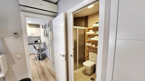 a small bathroom with a toilet in a room at Cervantes Apartamentos in Toledo