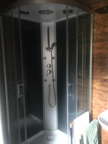a shower with a glass enclosure in a bathroom at Ślimakowa chatka jak u babci in Parczew