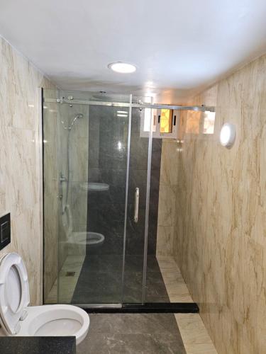 uma cabina de duche na casa de banho com WC em KAMS Clubhouse Lifecamp, 24 power em Abuja