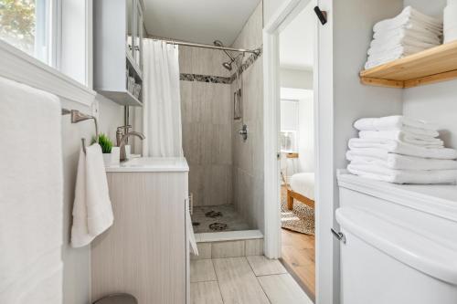 匹茲堡的住宿－Charming Remodeled 3-BR Bungalow near Attractions，带淋浴和盥洗盆的浴室