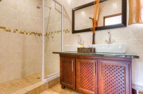 a bathroom with a sink and a shower at Forest Lodge in St Lucia