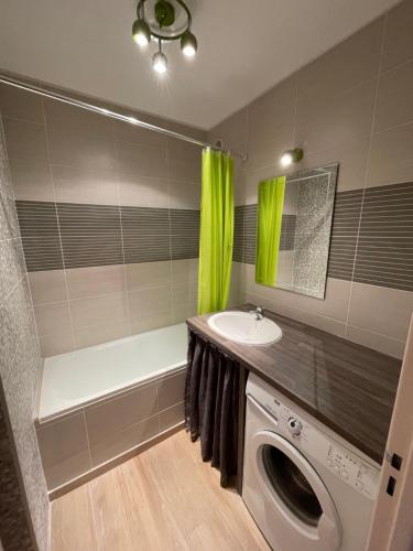 une salle de bain avec un lavabo et une machine à laver dans l'établissement Studio rénové 35 m² - 4/6 couchages - A coté des pistes - terrasse vue montagne, à Orcières