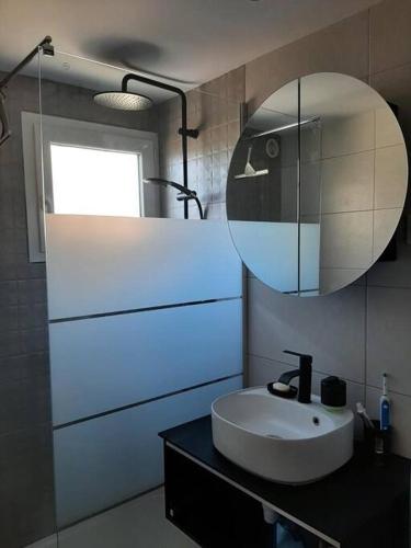une salle de bain avec un lavabo et un miroir dans l'établissement Charmant duplex Porticcio avec parking, à Porticcio