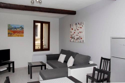 - un salon avec un canapé gris et une fenêtre dans l'établissement Gite les coquelicots ( classé 2* ) Duplex, à LʼIsle-sur-la-Sorgue