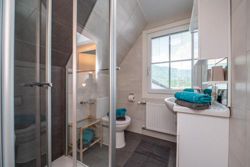 ein Bad mit einem WC und einer Glasdusche in der Unterkunft Fewo Steiner in Tröpolach