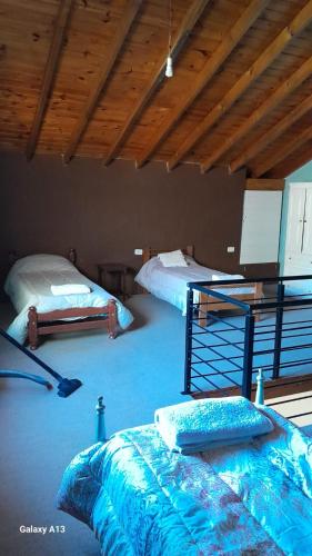 サンタローサにあるCasa quinta con piletaの木製の天井が特徴のベッドルーム1室(ベッド2台付)