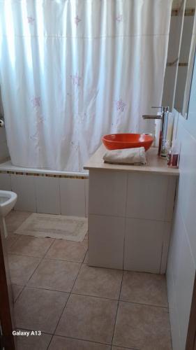 baño con lavabo rojo y cortina de ducha en Casa quinta con pileta en Santa Rosa