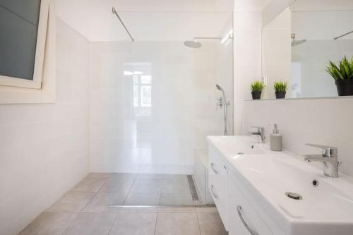 La salle de bains blanche est pourvue d'un lavabo et d'une douche. dans l'établissement Klauzál Garden City Apartments - deluxe studio with Balcony K23, à Budapest