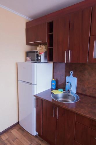 a kitchen with a white refrigerator and a sink at Квартира на березі Дніпра у новому будинку! in Cherkasy