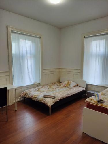 a bedroom with a bed and two windows at City Home Zurich in Zürich