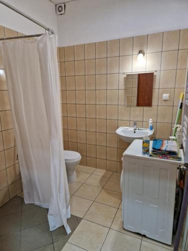 uma casa de banho com uma cortina de chuveiro e um WC em SAWAGO Mieszkania blisko centrum em Ciechanów