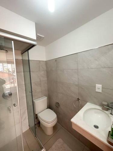 La salle de bains est pourvue de toilettes, d'une douche et d'un lavabo. dans l'établissement Hermoso Loft Zona Shopping Sol 02, à Asuncion