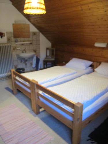 two twin beds in a room with a sink at Gasthaus Adler in Wangen im Allgäu