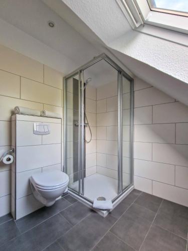 a bathroom with a shower and a toilet at Seezunge in Greetsiel