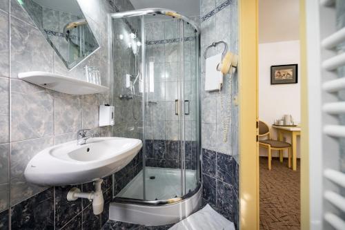 a bathroom with a sink and a glass shower at Hotel Sugas in Sfântu-Gheorghe