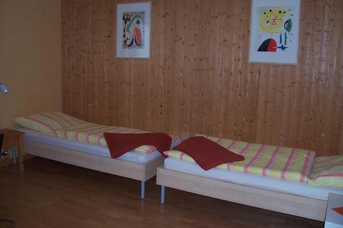 2 camas en una habitación con paredes de madera en Ferienwohnung Hecking en Tréveris