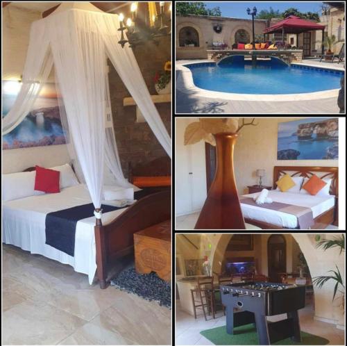 a collage of four pictures of a hotel room with a pool at Renovated Farmhouse with Pool, Jacuzzi, Gym in the Village Centre in Nadur