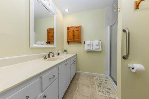 y baño con lavabo, espejo y ducha. en Cosgrove's Cove, en Pine Knoll Shores