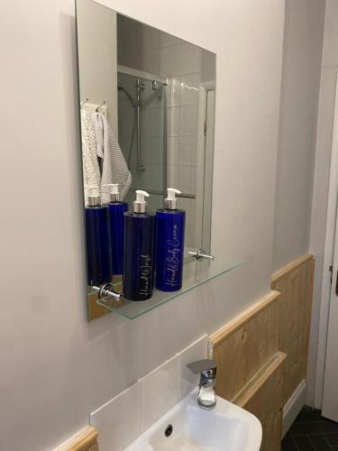 a bathroom with a sink and a mirror at The Old Postie Bed & Breakfast in Annesley