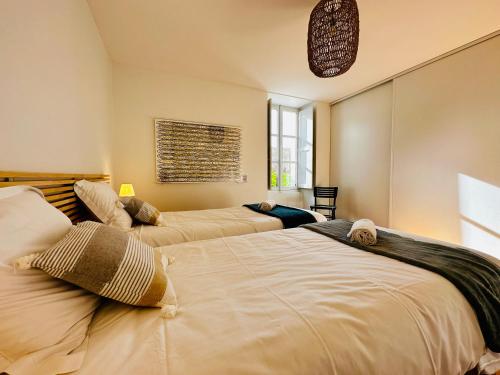 昂布瓦兹的住宿－Bel appartement proche château，一间卧室设有两张床和窗户。
