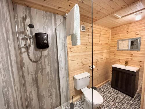 een badkamer met een douche, een toilet en een wastafel bij Snug hut 5-Hot Tub-Woodland Lodges-Pembrokshire-Tenby in Carmarthen