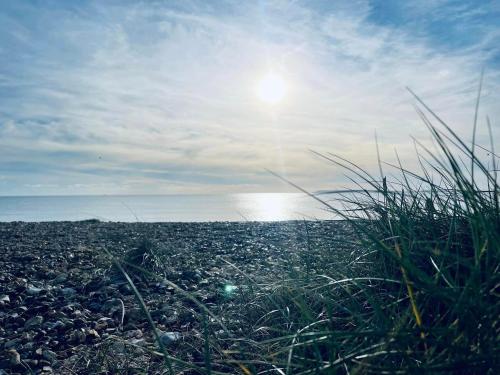 a field with grass and the sun in the sky at Pure-Living West Sands Sunshine and Sea View - 3 Bedroom lodge at SEAL BAY in Selsey