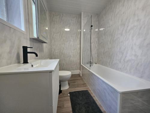 a bathroom with a sink and a tub and a toilet at Battersea Park apartments in London
