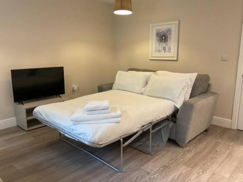 a bed in a living room with a couch and a television at Beautiful Cottage in Ashbourne in Ashbourne
