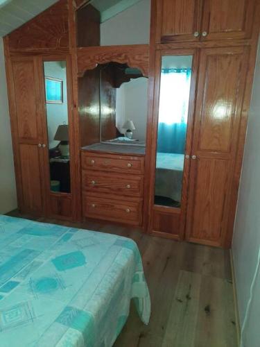 Schlafzimmer mit einem Bett, Holzschränken und einem Spiegel in der Unterkunft Joyville in Bridgetown