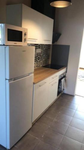 uma cozinha com um frigorífico branco e um micro-ondas em Appartement Cosy T3 - 2 chambres em Le Creusot