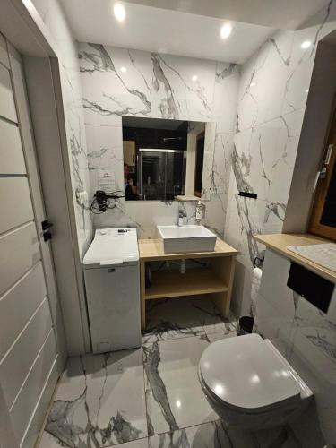 a bathroom with two sinks and a toilet at Dom Na Wzgórzu WODA na wyłączność JACUZZI SAUNA ROWERY in Zawóz