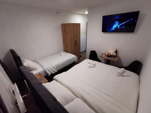 Zimmer mit 2 Betten und einem TV an der Wand in der Unterkunft Golijski Biseri in Novi Pazar