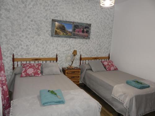 a bedroom with two beds and a picture on the wall at Casa Carrasquillas in Cañada del Hoyo