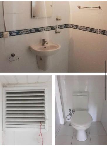 two pictures of a bathroom with a toilet and a sink at Cozy Flat W/ Mountain View [Monthly Discount] in Antalya