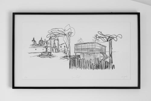 an ink drawing of a building in a park at Casa Castillo in Mexico City