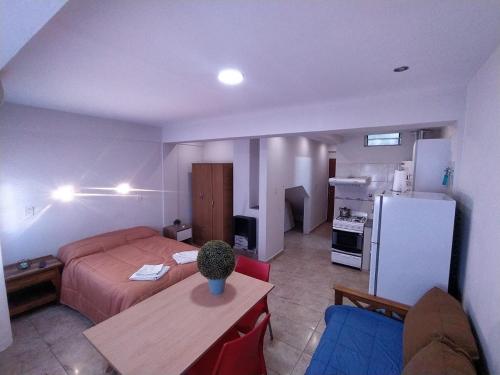 a small living room with a bed and a kitchen at Center Studio 3pax apartamento in Trelew