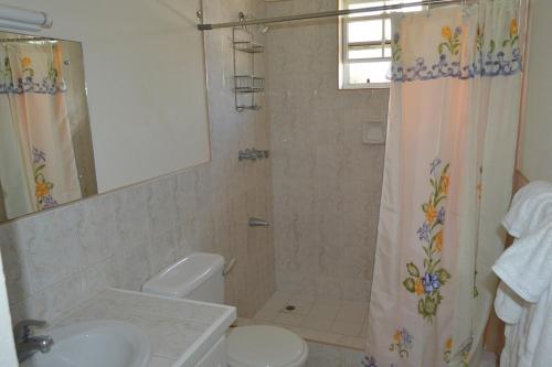 Un baño con ducha, inodoro y lavabo. en Ocean Path Villas, en Christ Church