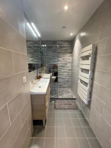 La salle de bains est pourvue de 2 lavabos et d'un grand miroir. dans l'établissement la Montagnette L ours T1, à Moutiers