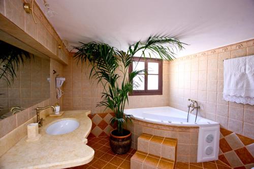 ein Badezimmer mit einem Waschbecken, einer Badewanne und einer Pflanze in der Unterkunft Aegean Diamonds Boutique Villas in Loutráki