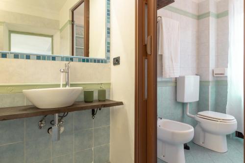 a bathroom with a sink and a toilet and a mirror at B&B 503 di Alessio e Orsola in Caprie