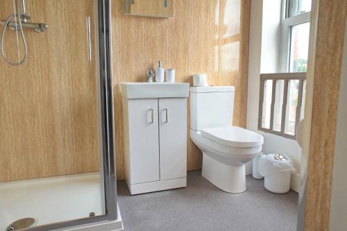 uma casa de banho com um WC, um lavatório e um chuveiro em Trivelles Rochester Hotel em Rochester