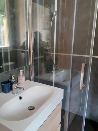 une salle de bain avec un lavabo blanc et une douche dans l'établissement LE PALAIS DU CHATEAU PORT DE NICE ANTIQUAIRES, à Nice