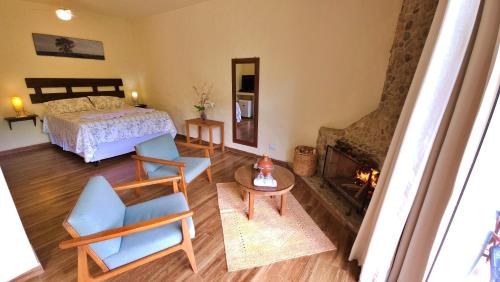 1 dormitorio con 1 cama, mesa y sillas en Riacho Doce Pousada, en São Francisco Xavier