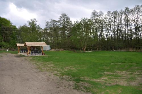 een prieel in een groen veld met bomen bij Ückeritz, Villa Wald-Eck - Erdgeschoss in Ueckeritz