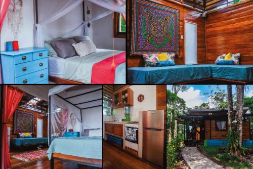 eine Collage mit Bildern eines Zimmers mit einem Bett und einer Küche in der Unterkunft Selva Madre Eco-Sanctuary in Cahuita